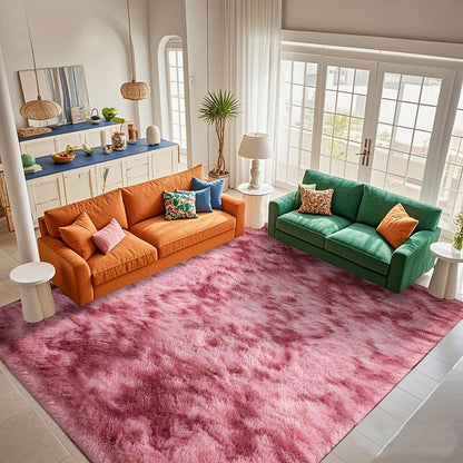 Area Rug Fluffy Faux-Fur Shag in Solid, Tie-Dye and Ombre Colors with Six Retained Room Sizes