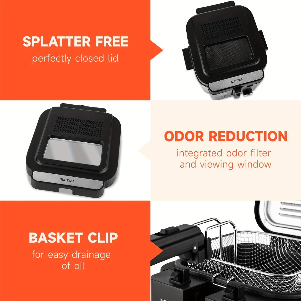 Deep Fryer with Basket 1500W | Adjustable Temperature, Removable Lid & Non-Stick Interior Pot, Viewing Window, Dishwasher-Safe Basket for Home Electric Frying – 1.5L & 2.5L Options, Black