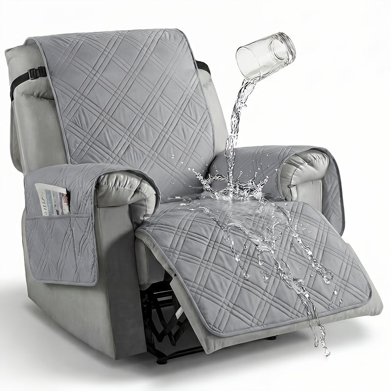 Quilted One-Piece Recliner Chair Cover with Side Pocket, Back Strap and Six Solid Color Options