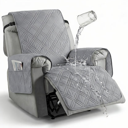 Quilted One-Piece Recliner Chair Cover with Side Pocket, Back Strap and Six Solid Color Options