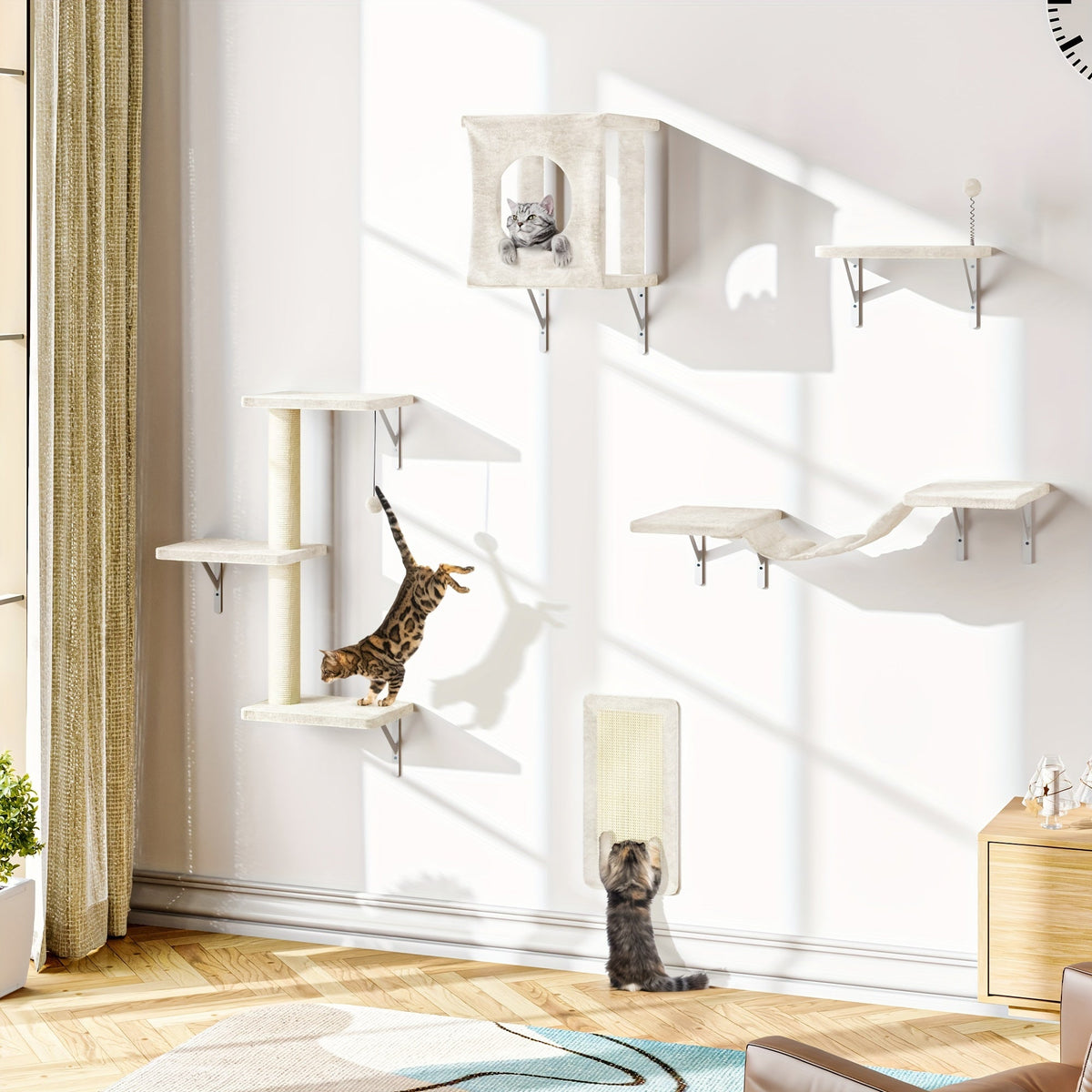 Five-Piece Wall-Mounted Cat Furniture Set with Open Perches, Suspended Bridge and Enclosed Cube