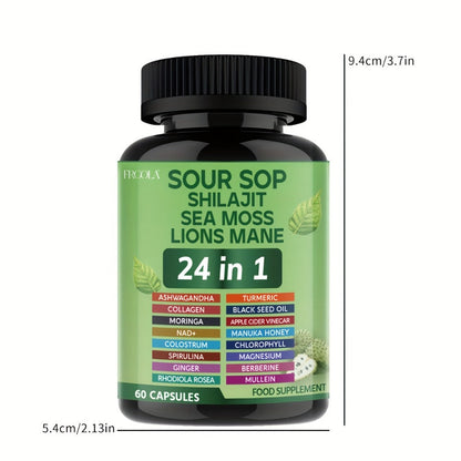 Herbal Supplement with FRCOLA Label, Soursop Shilajit Sea Moss and Lion's Mane 24-in-1 Capsules, 60 Count