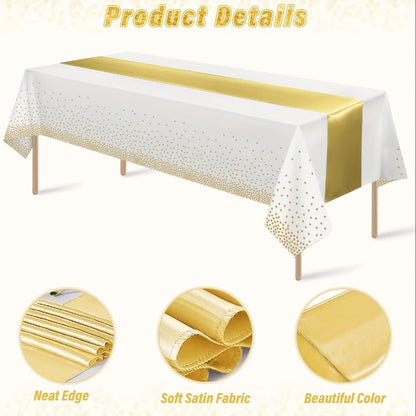 White and Gold Party Tablecloth and Runner Set, 10 Pieces with Five Covers and Five 12 x 108 Inch Runners