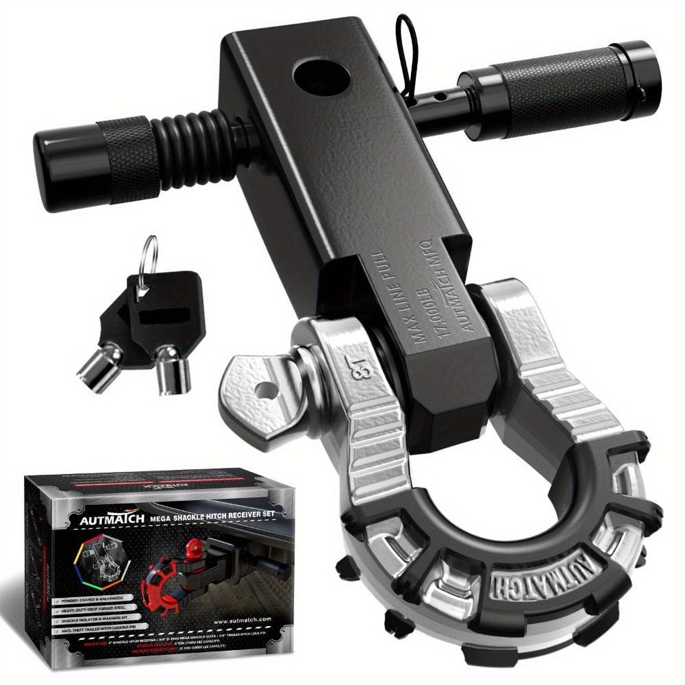 Shackle Hitch Receiver 2-Inch 68,000 lb Break Strength with 3/4" D-Ring & 5/8" Hitch Lock Pin – Heavy Duty Drop Forged Steel 8-Ton Vehicle Recovery Tow Hitch, Multi-Color