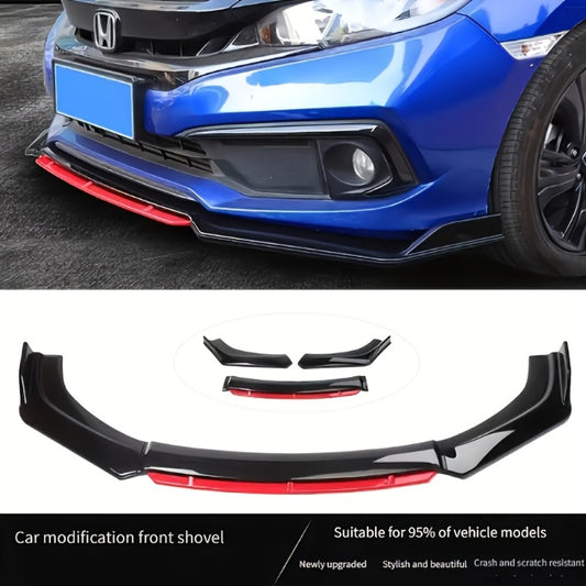 Car Front Lip Spoiler Kit 4pcs Universal ABS Front Bumper Splitter Spoiler Glossy Black Red Accent Aerodynamic Design Easy Clip-On Install Fits 95% Vehicles Durable Scratch Resistant