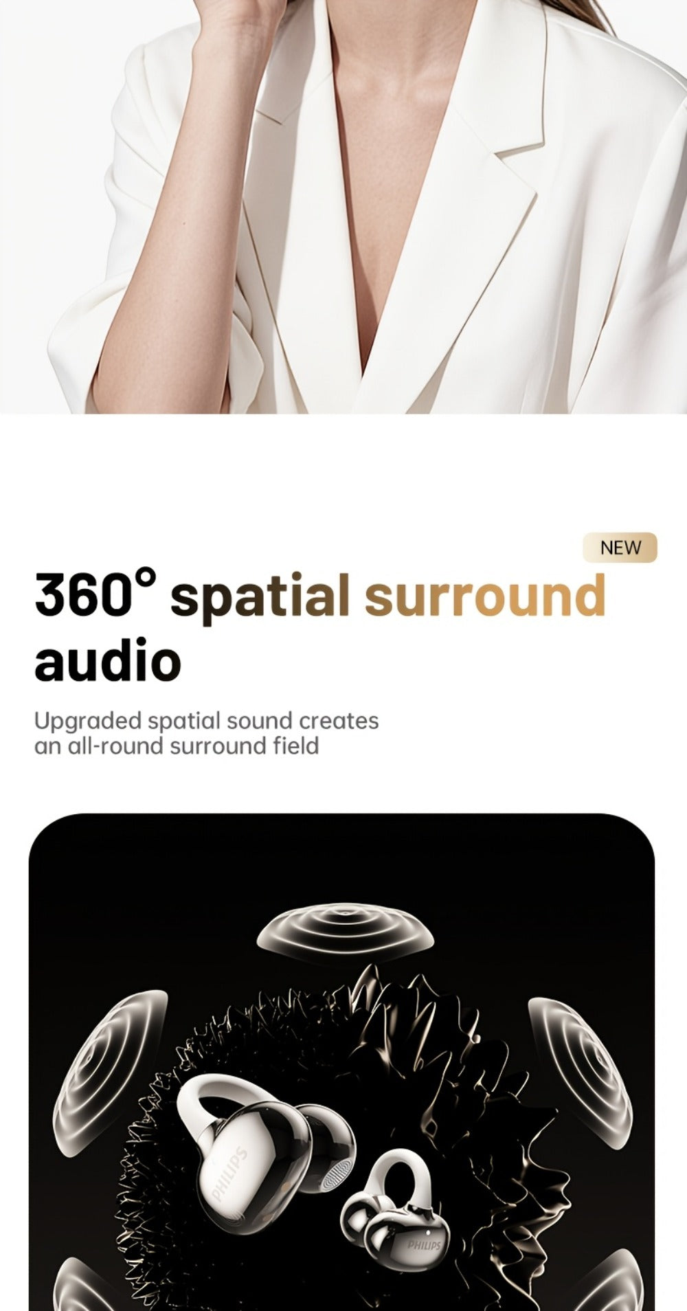Philips TWS Ear Clip Sport Headset Hi-Fi Bass Stereo HD Calls Earhook Wireless Bluetooth for Music Gaming Business iOS Android Gift for Couples Valentine Black Gold