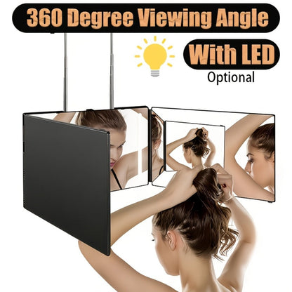 3 Way Mirror for Self Hair Cutting with LED Lights, 360° View Anti-Fog HD Glass USB Rechargeable Folding Barber Mirror for Home Salon