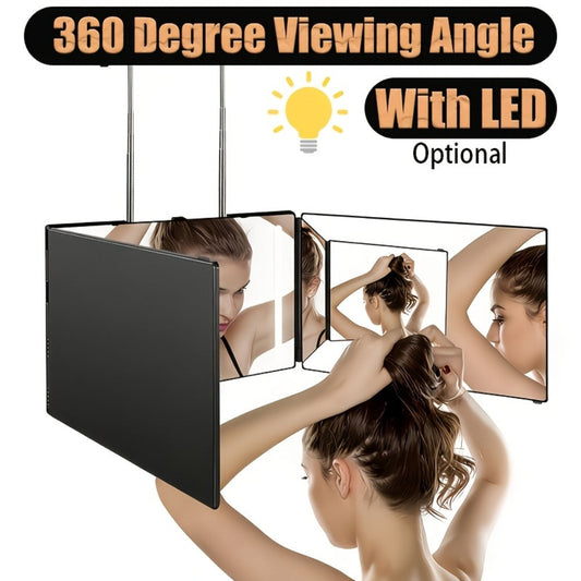 3 Way Mirror for Self Hair Cutting with LED Lights, 360° View Anti-Fog HD Glass USB Rechargeable Folding Barber Mirror for Home Salon, Back of Head Mirror for Men Women Beard Grooming with Bonus Folding Small Mirror