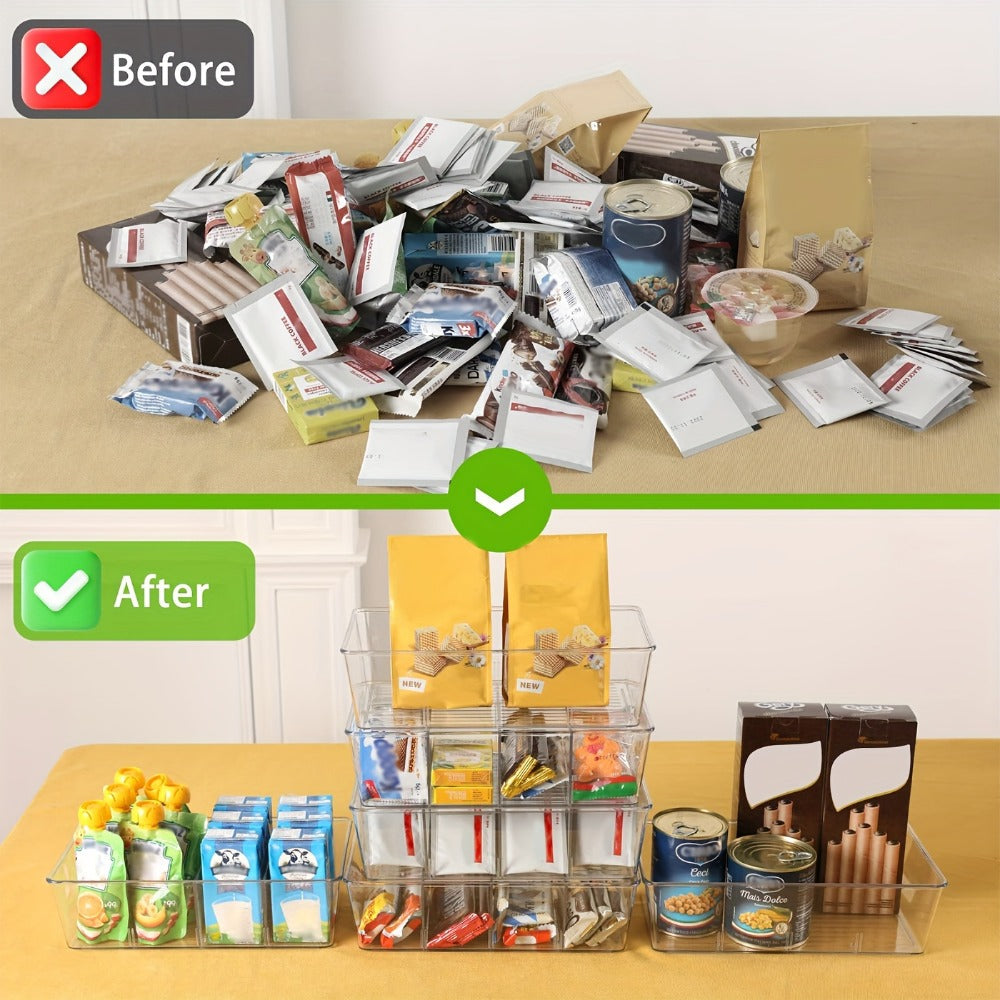 Six-Piece Clear Pantry Organizer Bin Set with Removable Dividers for Cabinets, Fridges and Shelves