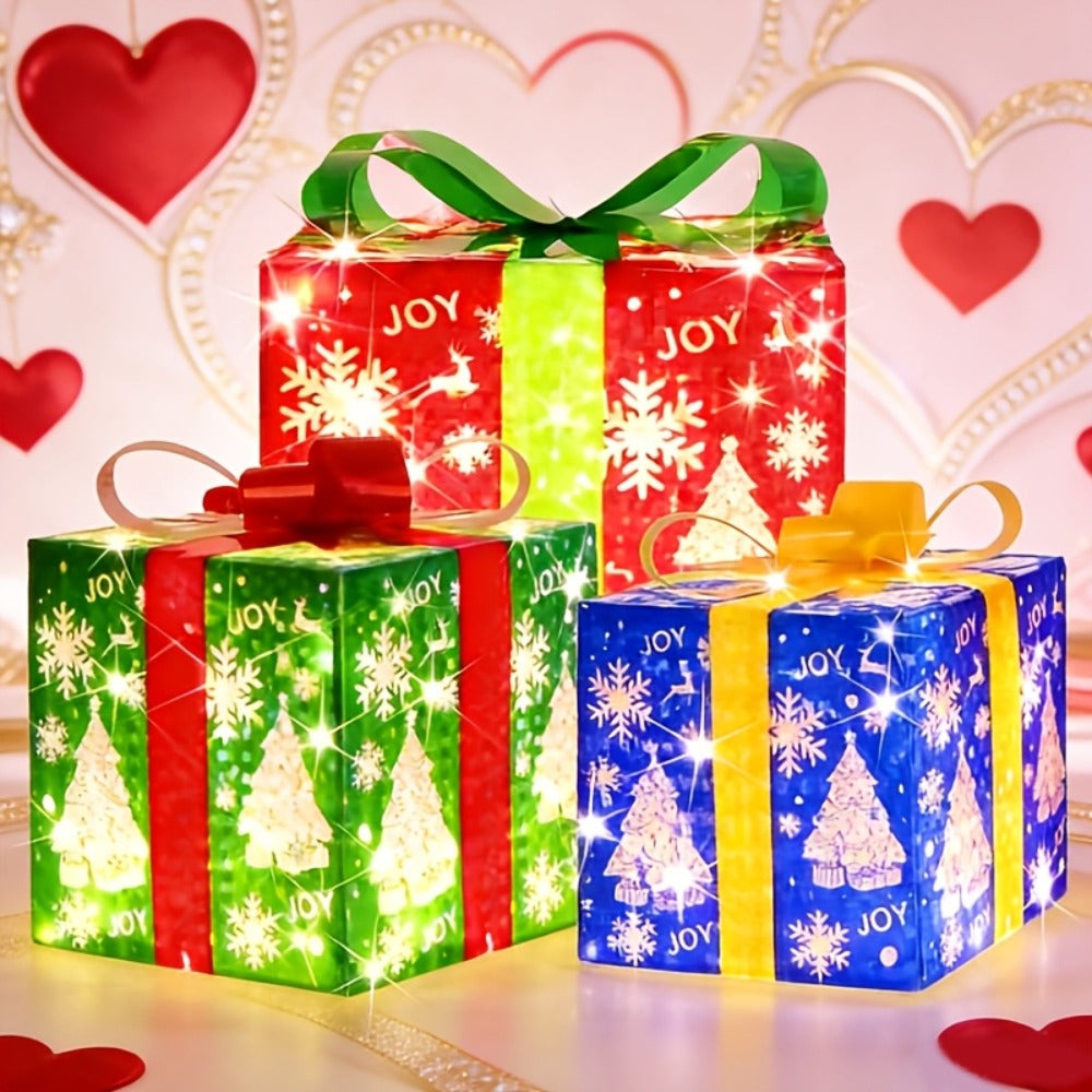 Three-Piece Lighted Gift Box Decoration Set with LED String Lights, Bow Handles and Four Holiday Style Options