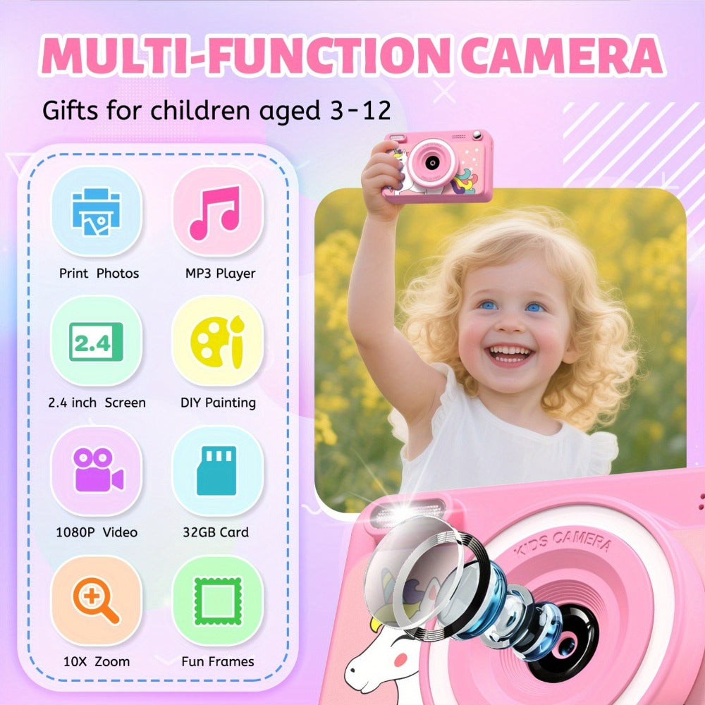 Kids Instant Print Camera with Cartoon Unicorn or Dinosaur Design, Paper Rolls, Color Pens and Four Color Options