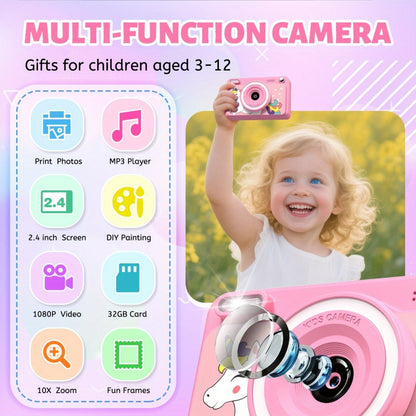 Kids Instant Print Camera with Cartoon Unicorn or Dinosaur Design, Paper Rolls, Color Pens and Four Color Options