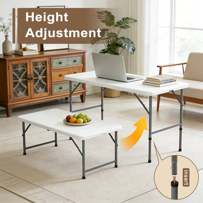 Folding Table 4ft and 6ft White Plastic Top with Black Metal Legs, Carry Handle and Adjustable Height