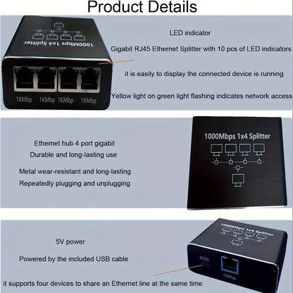 4-Port Ethernet Splitter USB Powered - 1 to 4 RJ45 Network Hub Adapter, Connect 4 Devices Simultaneously, Plug and Play LAN Port Expander for Home Office Gaming Smart TV NAS IP Camera