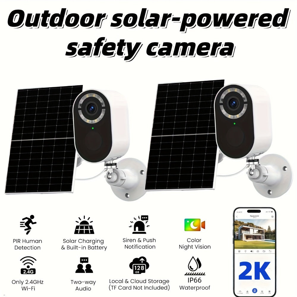 Security Camera 2K Solar Outdoor Model with Color Night Vision, Two-Way Audio, Human-Figure Alarm and Four Bundles