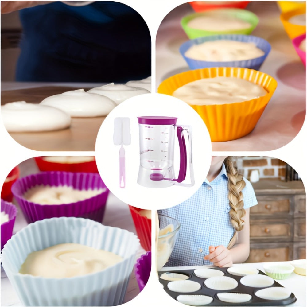 Handheld Pancake Batter Dispenser with Graduated Cup, Bottom Valve and White Cleaning Brush