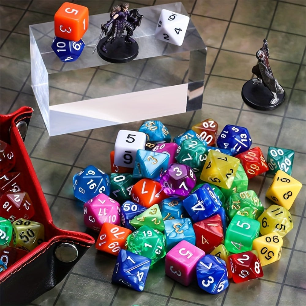 Fifteen-Set Polyhedral Dice Collection with 105 Pieces, Seven Die Shapes and Black Drawstring Storage Bag