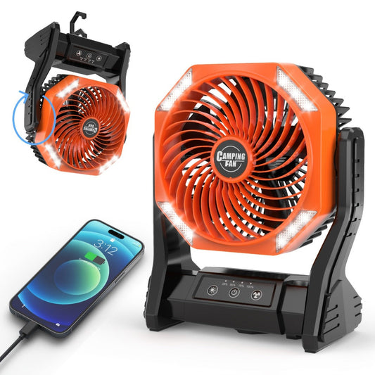 Camping Fan 20000mAh with LED Light and Brushless Motor, 4-Speed 180° Oscillating Portable Outdoor Fan, 22-26H Long Runtime Anti-Slip Base, 3-in-1 Table Fan for Camping, Hiking, Picnic and Emergency