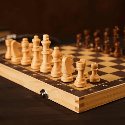 Folding Wooden-Style Chess and Checkers Set with 33 Chess Pieces and Internal Storage for Adult Tabletop Play