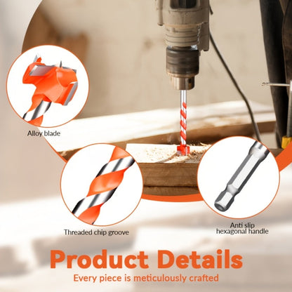 Five-Piece Extended Auger Drill Bit Set with 15-25mm Cutting Heads and Hex Shanks for Wood or Plastic