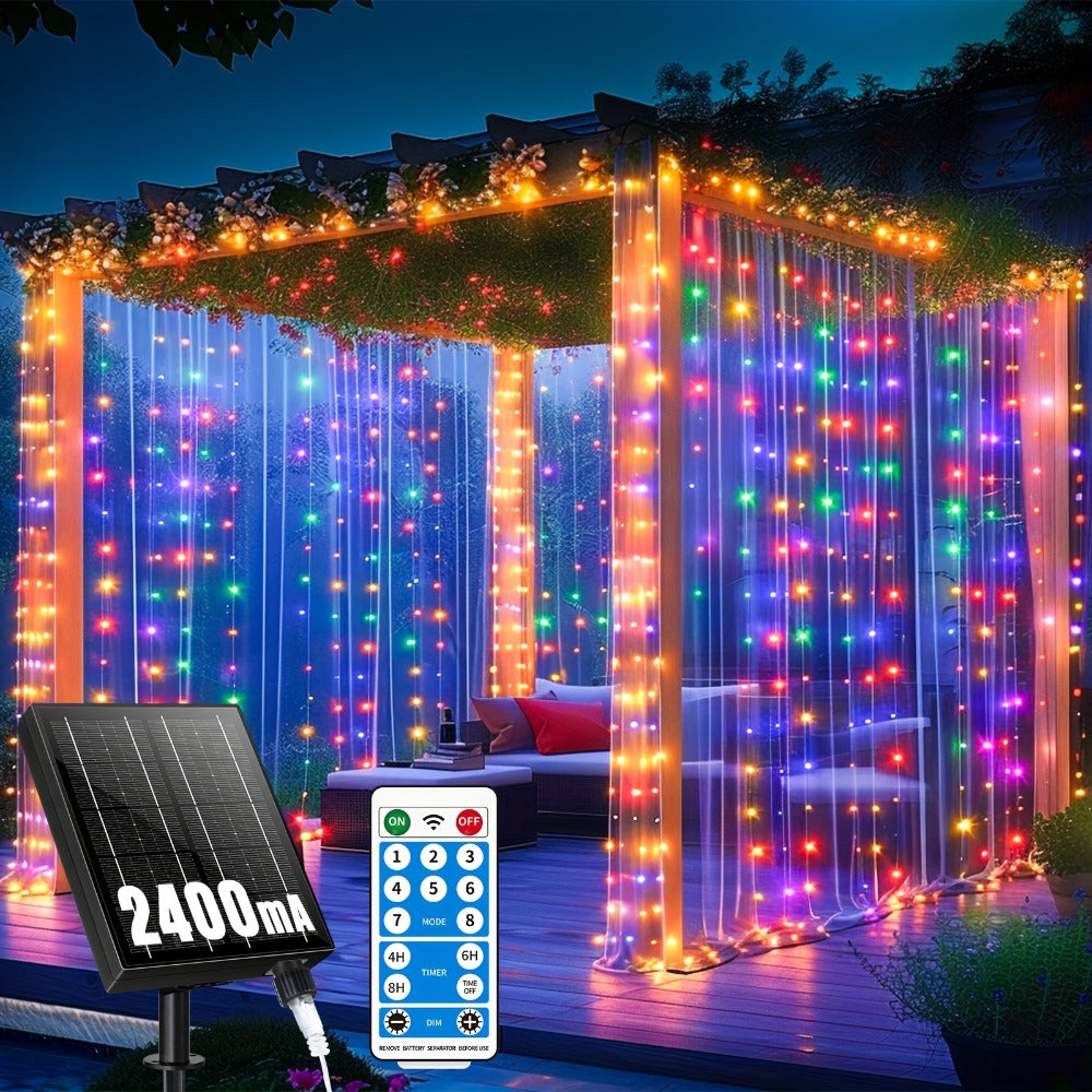 Solar Curtain String Lights, 3 x 3 Meters with 300 LEDs, Remote Control and One- or Two-Pack Options