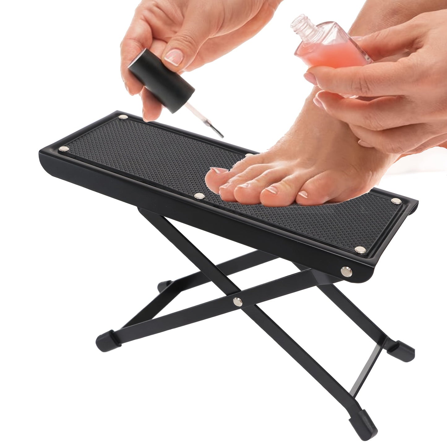 Adjustable Pedicure Footrest with Four-Level or Six-Level Scissor Stand and Textured Black Top Platform