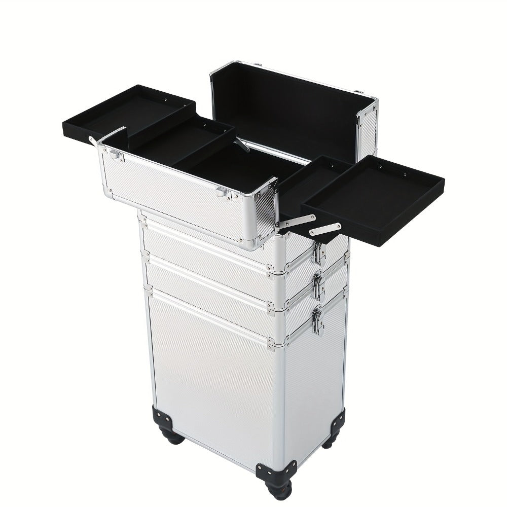 Four-in-One Rolling Makeup Case with Aluminum Frame, Swivel Wheels and Black, Pink or Silver Options