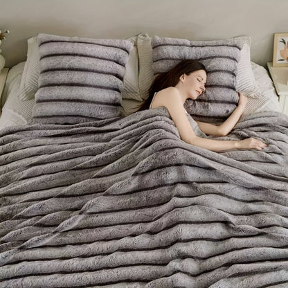 Double-Layer Faux Rabbit Fleece Blanket in Grey, Khaki or Beige with Five Sizes from Small Throw to King