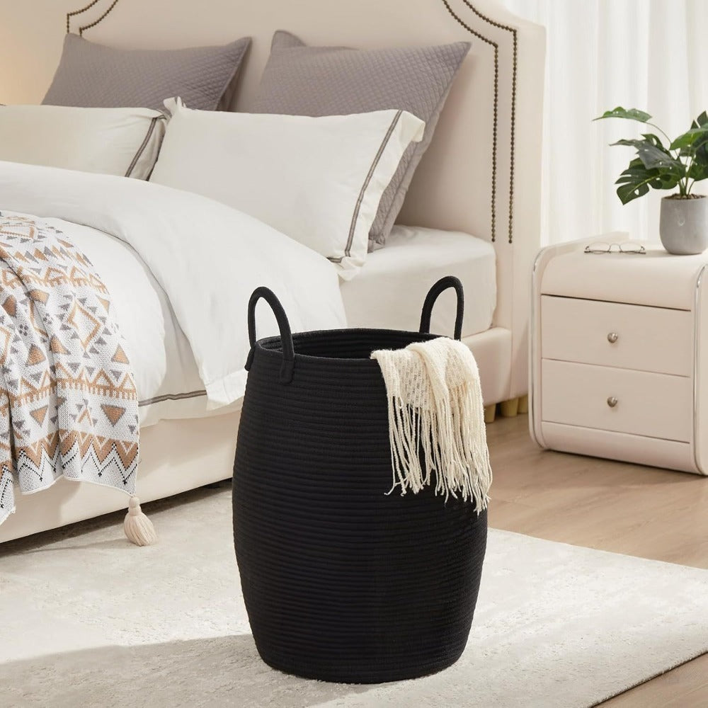 Tall Bohemian Rope Laundry Hamper with Extended Handles, Tassel Detail and Exact Black-and-Brown Option