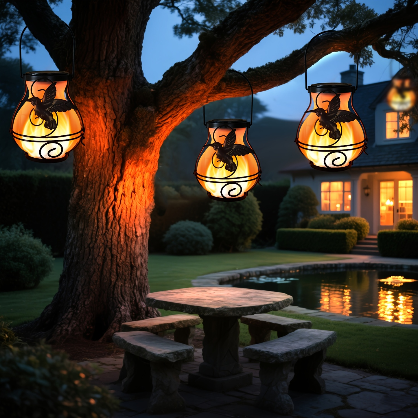 Solar Outdoor Lights Hummingbird Flickering Flame Hanging Lanterns, IP44, 2- or 4-Pack for Yard Decor