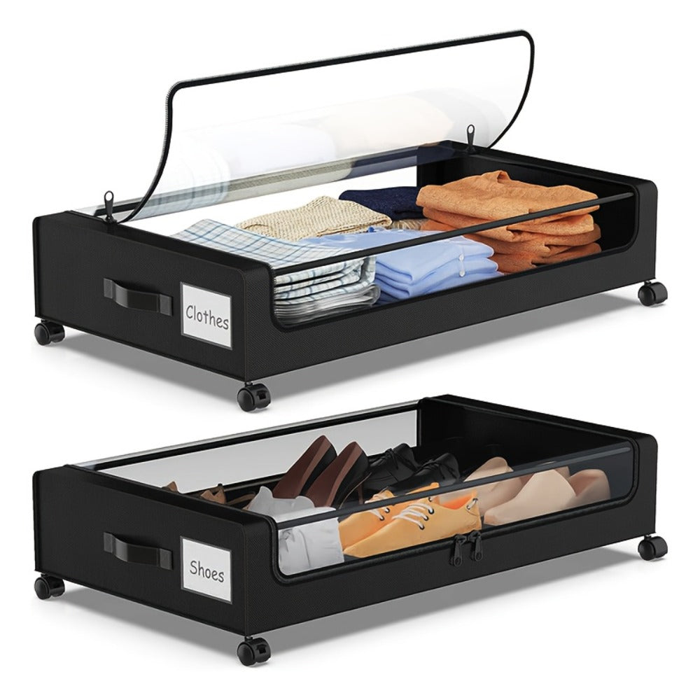 Rolling Fabric Under-Bed Storage Bins with Clear Zip Covers, Label Windows and Black or Gray Sets