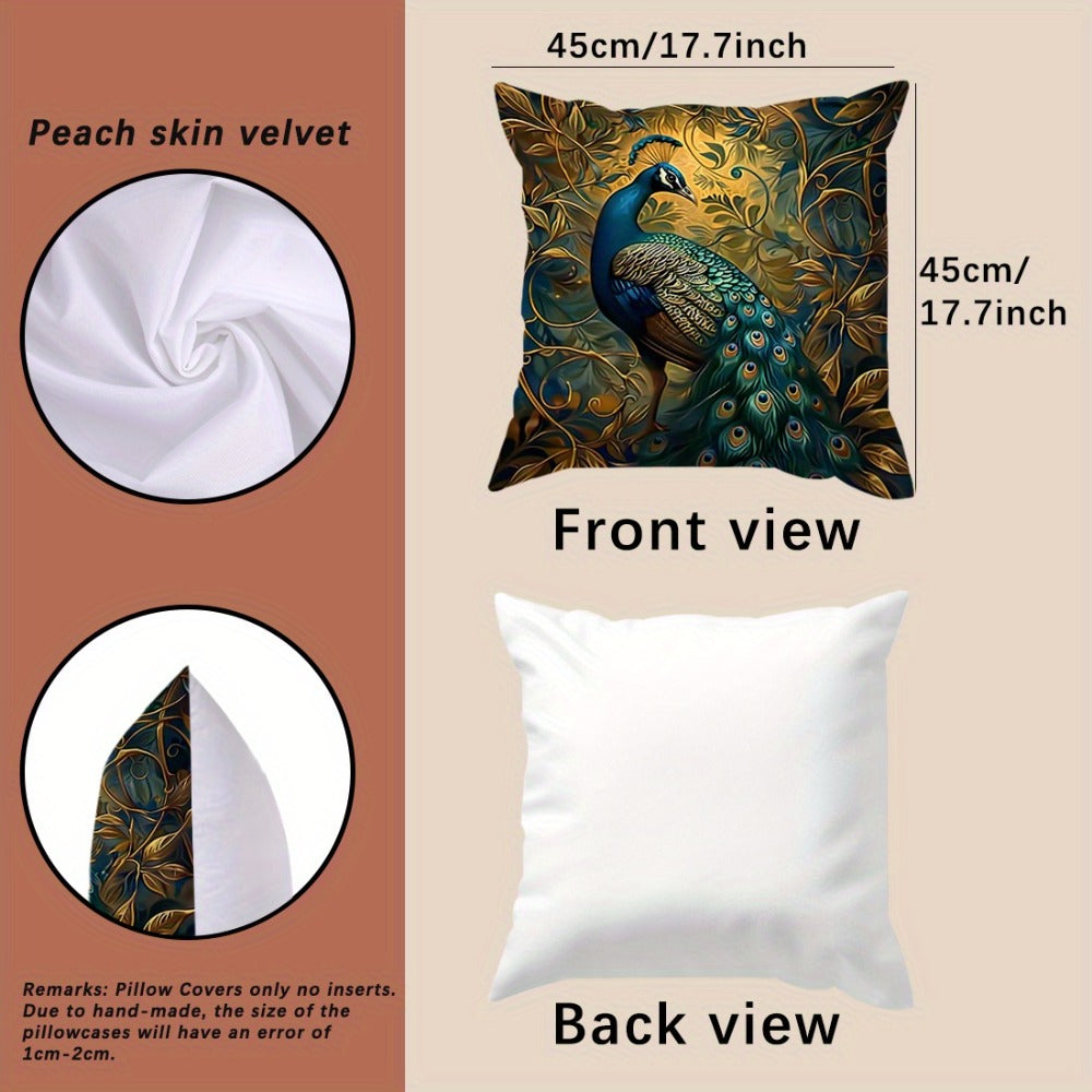Vintage Peacock Throw Pillow Covers, Set of Four 18 x 18-Inch Short-Plush Cases with Zipper Openings