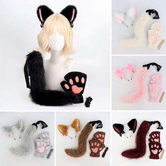 Cat Costume Set 3 Piece – Bell Ear Headband, Plush Paw Gloves & Adjustable Tail for Halloween, Cosplay, Role Play & Stage Performances, Cute Gift for Women Girls, Grey White Brown Pink