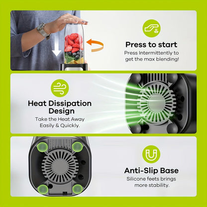 Personal Smoothie Blender 15pcs - Blender for Shakes and Smoothies with Grinder Combo 2-Speed Control - 4 BPA-Free Portable Blender Cups Smoothie Maker for Home Gym Travel - Silvery Black