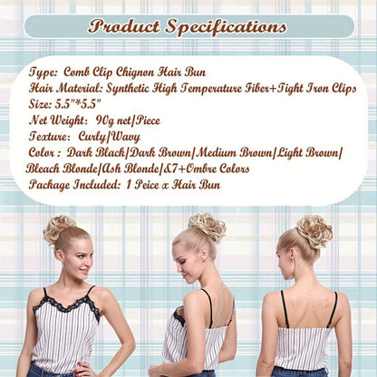 Six-Inch Curly Clip-In Hair Bun Extension with Comb and Scrunchie in Four Blended Color Options