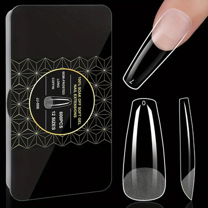 Clear Full-Cover Nail Tips, 600-Piece Set in Nine Almond, Oval, Stiletto, Coffin and Square Length Options