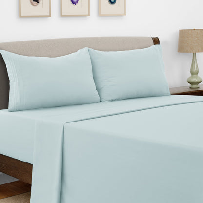 Bed Sheet Set Microfiber with Size-Dependent 3- or 4-Piece Contents and Six Documented Bed Dimensions
