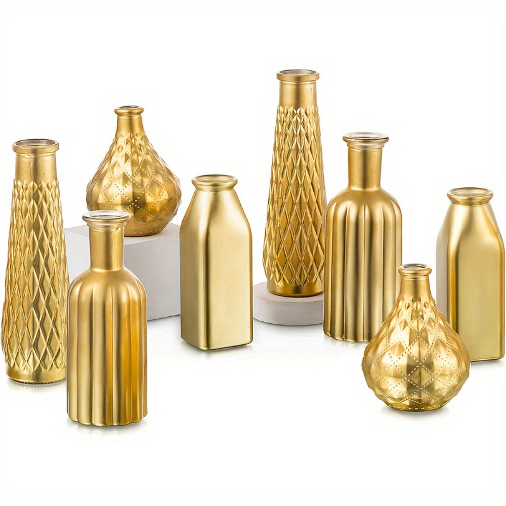 Gold-Tone Glass Bud Vases, Four- or Eight-Piece Mixed Art Deco Bottle Set for Tables and Centerpieces