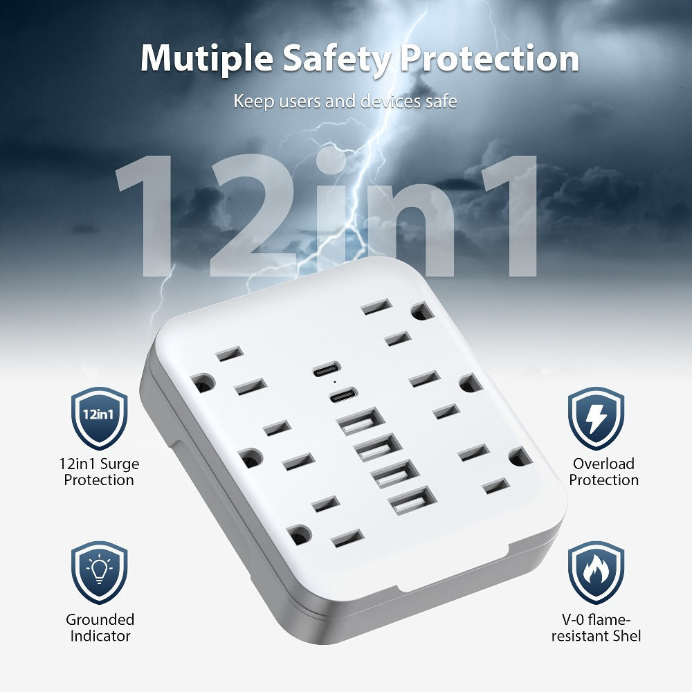 Power Strip Compact 12-in-1 Outlet Extender with 6 AC Outlets, 4 USB-A, 2 USB-C and Black or White Finish