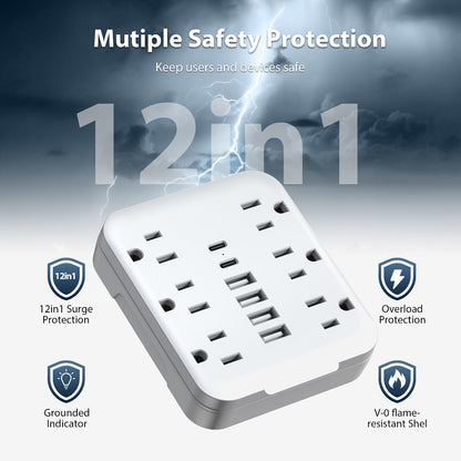 Power Strip Compact 12-in-1 Outlet Extender with 6 AC Outlets, 4 USB-A, 2 USB-C and Black or White Finish