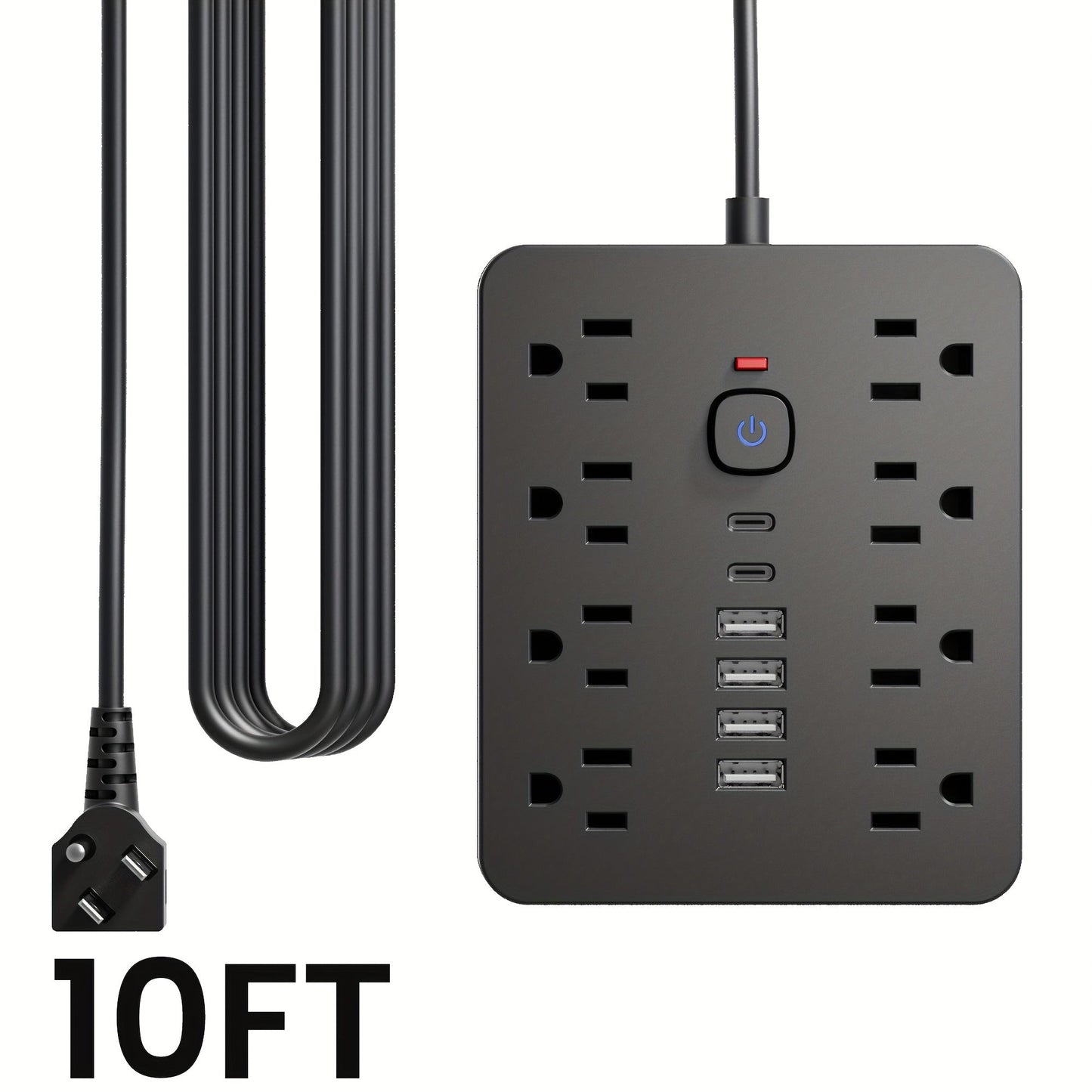 Power Strip Flat-Plug Wall-Mount 14-in-1 with 8 AC Outlets, 4 USB-A, 2 USB-C and 5- or 10-Foot Cord