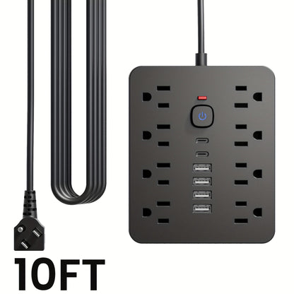 Power Strip Flat-Plug Wall-Mount 14-in-1 with 8 AC Outlets, 4 USB-A, 2 USB-C and 5- or 10-Foot Cord