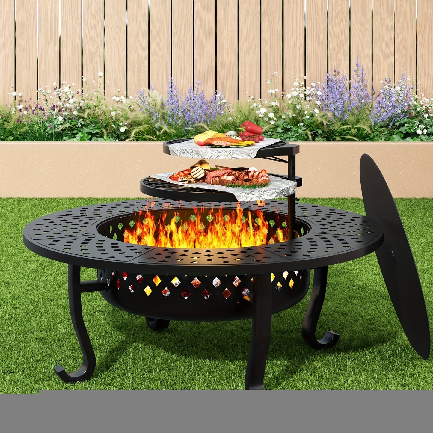 Fire Pit 43 Inch with 2 Cooking Grills & Lid Outdoor Wood Burning Firepit Round Metal Table for Backyard Patio Garden Camping Bonfire
