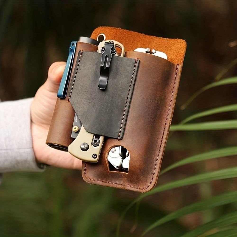 EDC Multitool Belt Holster with Clip, Loop and Pockets for Flashlight and Pen in Black or Brown