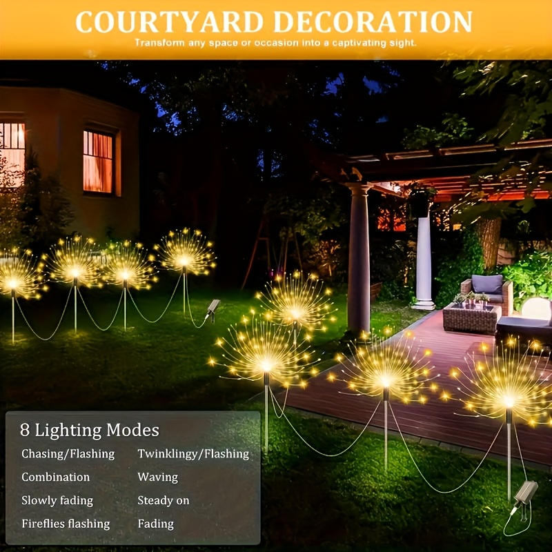 Solar Garden Lights Firework Stakes with 240-640 LEDs, 8 Modes, 4/8 Packs and Three Light Colors