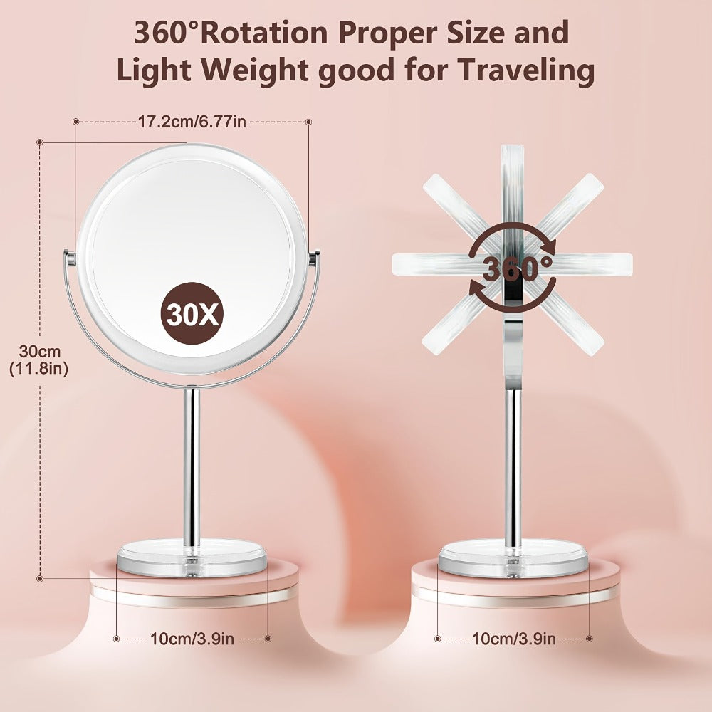Makeup Mirror Dual-Sided 1X and 30X Round Chrome-Finish Stand with 360° Rotation and Detachable Frame