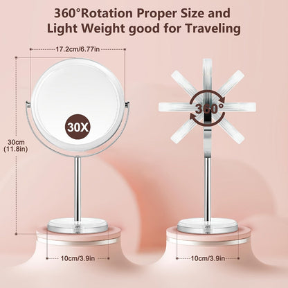Makeup Mirror Dual-Sided 1X and 30X Round Chrome-Finish Stand with 360° Rotation and Detachable Frame