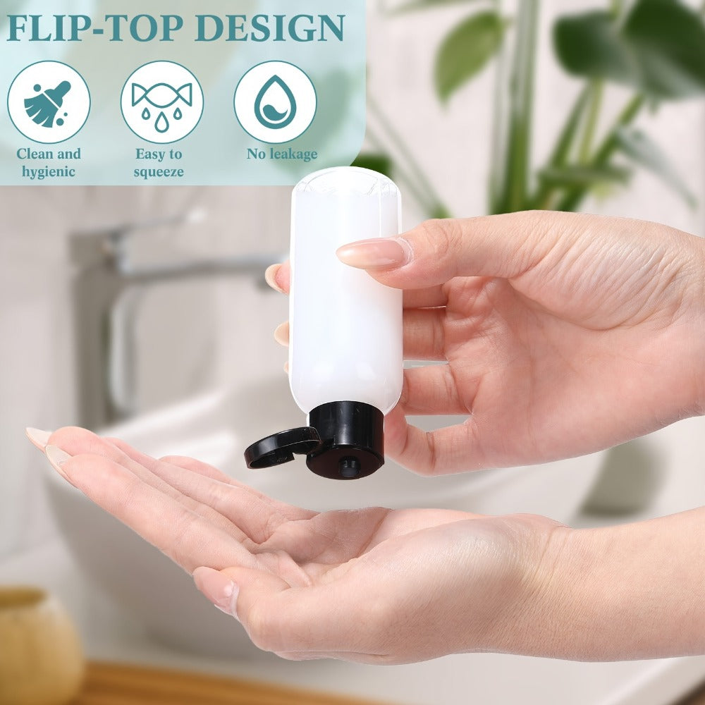 One Hundred Clear 2-Ounce Squeeze Bottles with Black Flip Caps and Two Pictured Filling Funnels