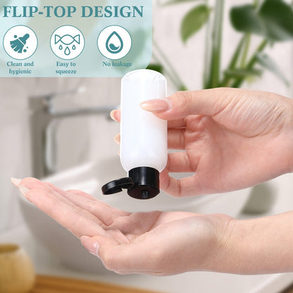 One Hundred Clear 2-Ounce Squeeze Bottles with Black Flip Caps and Two Pictured Filling Funnels
