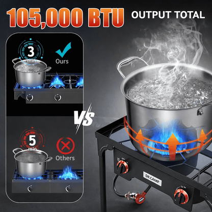 Propane Camping Stove Cast Iron 1, 2 or 3 Burner with Detachable Legs, 20 PSI High-Pressure Regulator, Heavy-Duty Outdoor Gas Cooker for Camping BBQ Survival Tactical Cooking Patio